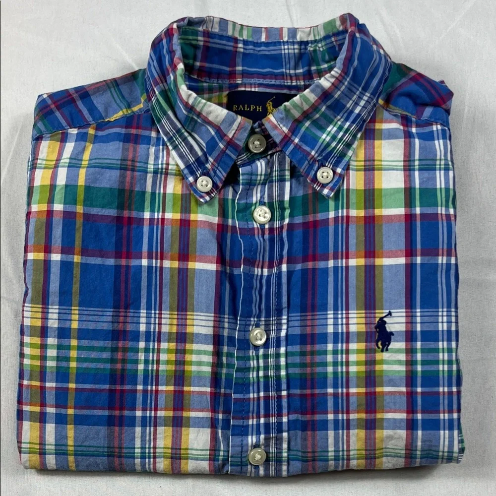 Ralph Lauren Boys 4/4T‎ Short-Sleeve Plaid Button-Down Shirt Blue White Easter